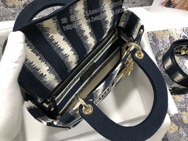 Dior女包 迪奧Lady D-Lite五格刺繡條紋藍色戴妃包 Dior手提肩背斜挎包  dfk1836